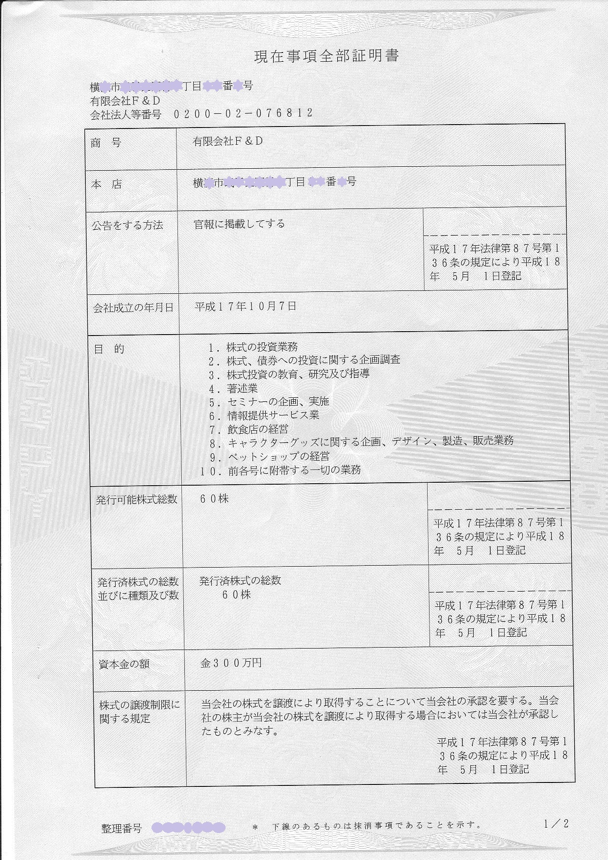 有限会社F&D登記簿謄本 非公式サイト 若林史江を研究する会